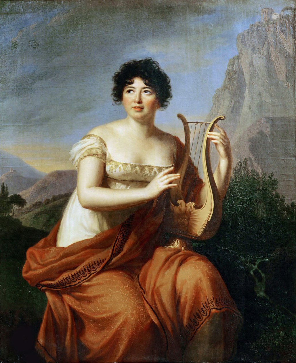 Portræt af forfatteren baronesse Anne Louise Germaine de Staël 1766-1817 som Corinne, 1807. af Elisabeth Louise Vigee Lebrun