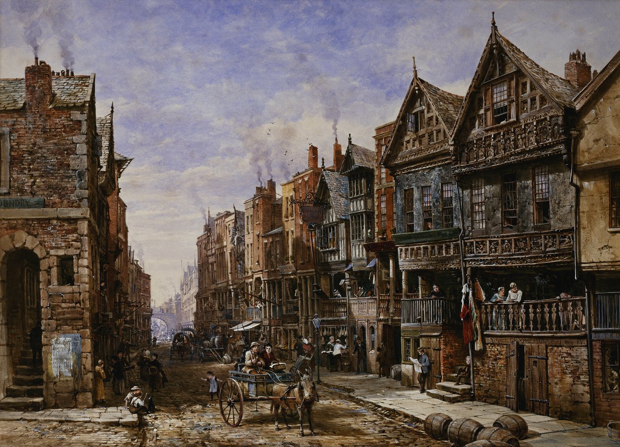 Chester: Watergate Street fra hjørnet af Crook Street, med Eastgate Beyond, af Louise Ingram Rayner