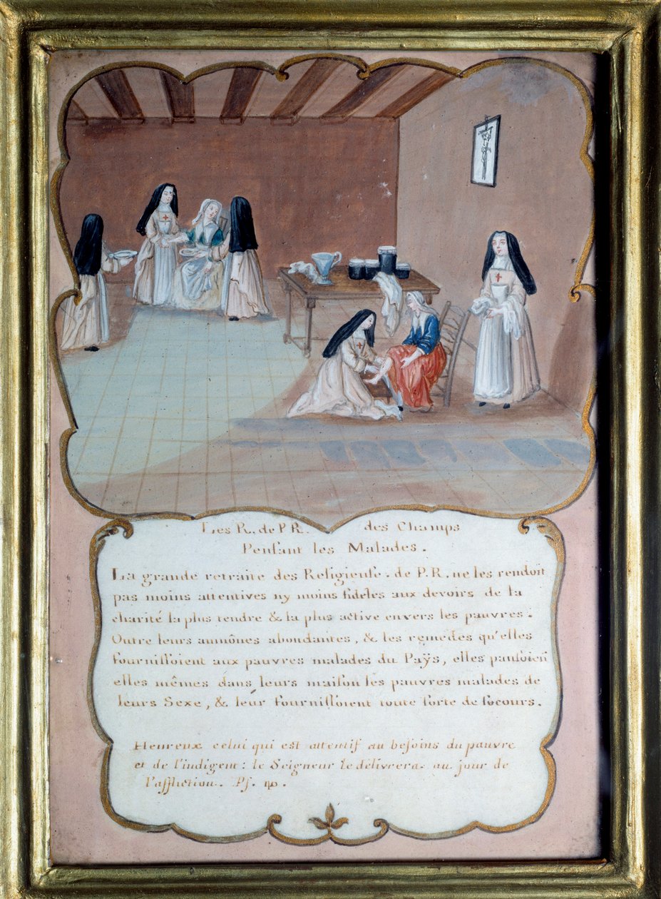 Jansenisme "" Religiøse fra klosteret Port royal des champs (Port-Royal-des-Champs) plejer de syge". Anonym gouache efter Louise Madeleine Cochin (1686-1767) Debut af 1700-tallet. Port Royal, Musee Des Granges. af Louise Madelaine (after) Cochin
