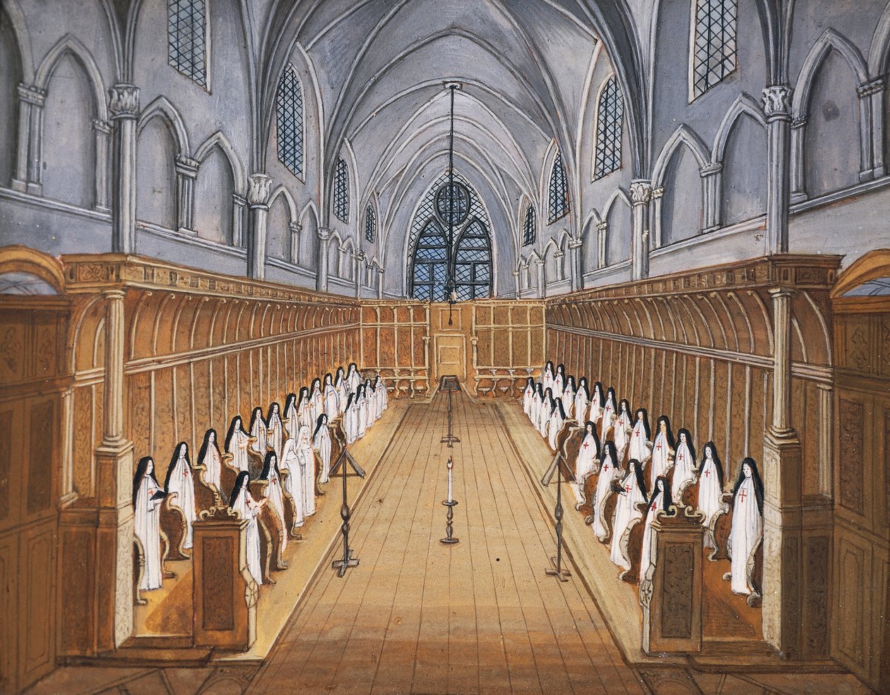 Port-Royal des Champs Abbey, kor af nonner i kirken (tegning) af Louise Magdeleine Hortemels