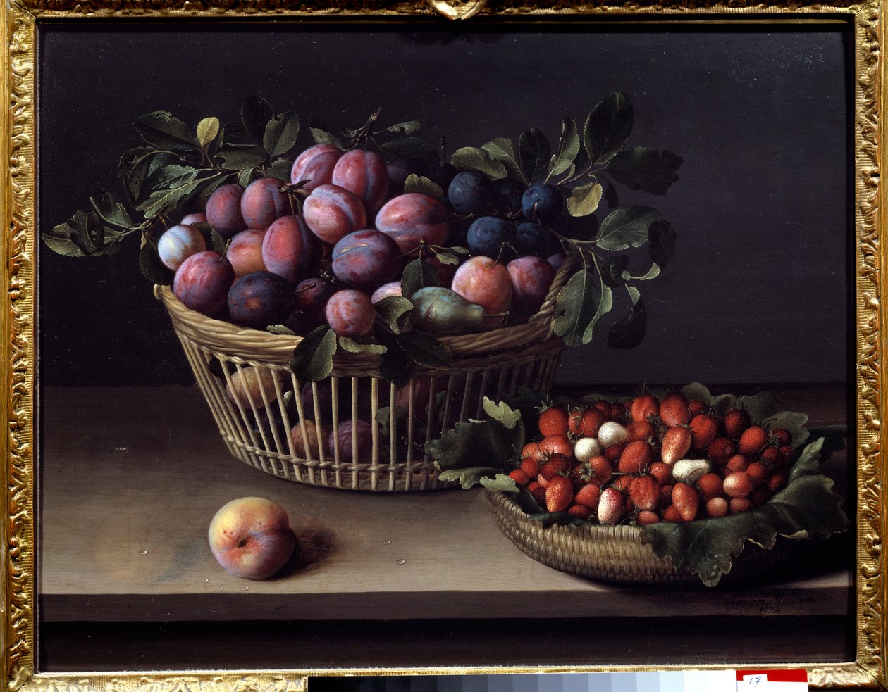 En fersken, jordbær og en kurv med frugt Maleri af Louise Moillon (1610-1696) Toulouse fra det 17. århundrede, Musee des Augustins af Louise Moillon