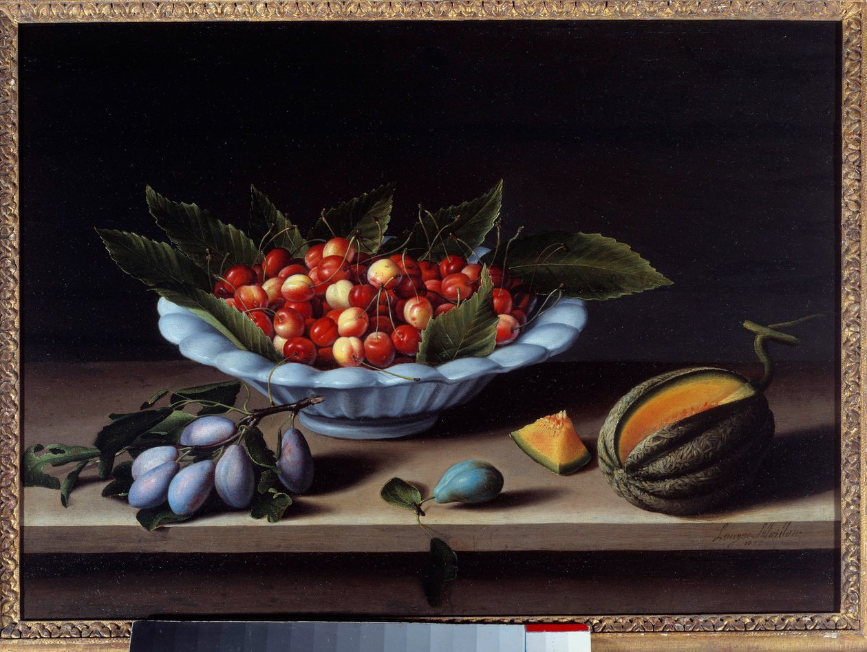 Kop kirsebær, blommer og melon Maleri af Louise Moillon (1610-1696) 1633 Søn. 0,48x0,65 m af Louise Moillon