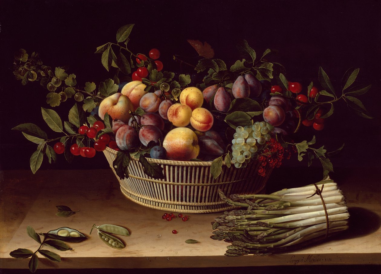 Stilleben med en kurv med frugt og et bundt asparges af Louise Moillon
