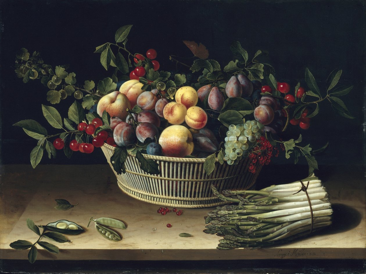Stilleben med en kurv med frugt og et bundt asparges, 1630 af Louise Moillon