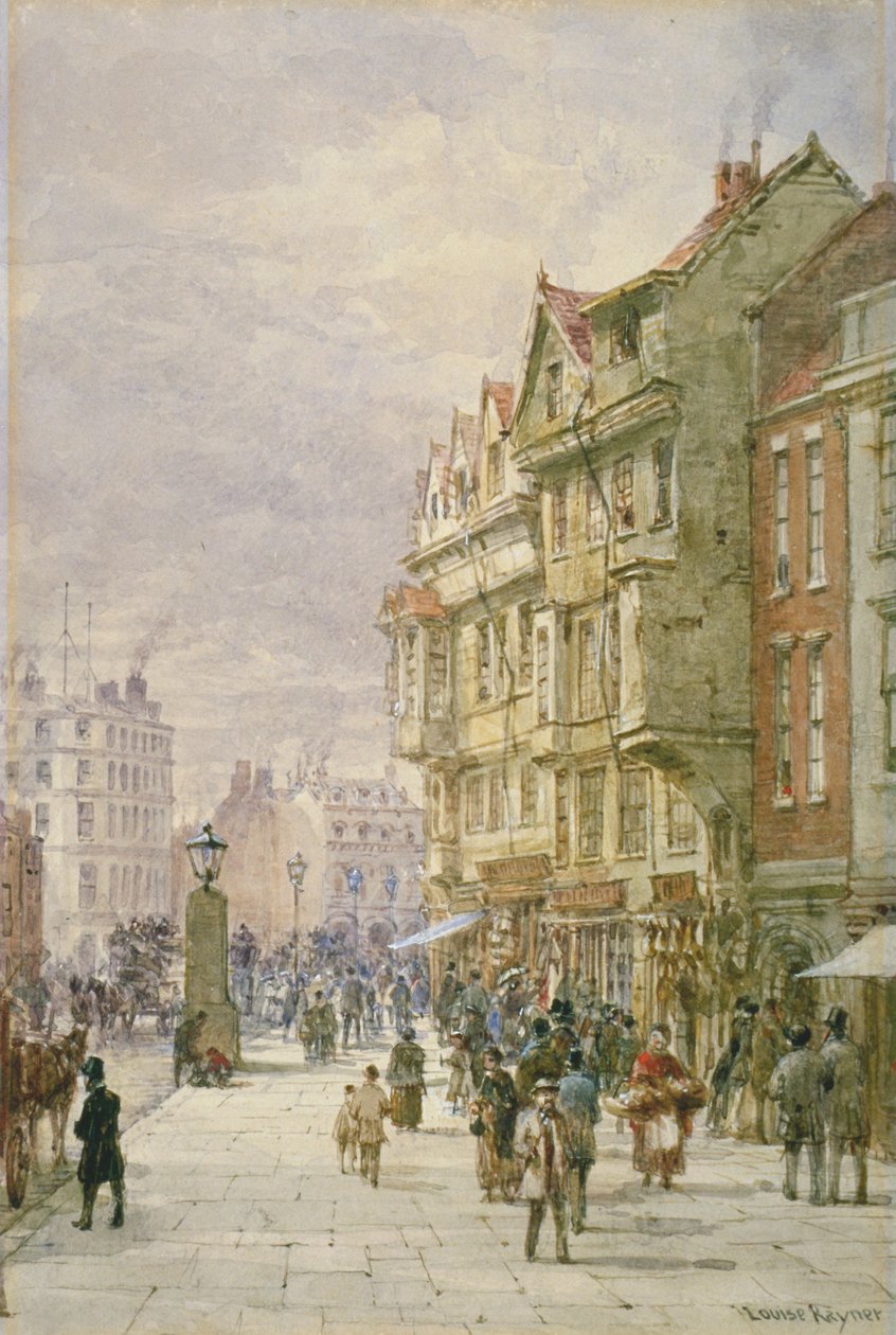 Udsigt mod øst langs Holborn med figurer og hestetrukne køretøjer på gaden, London, 1875 af Louise Rayner
