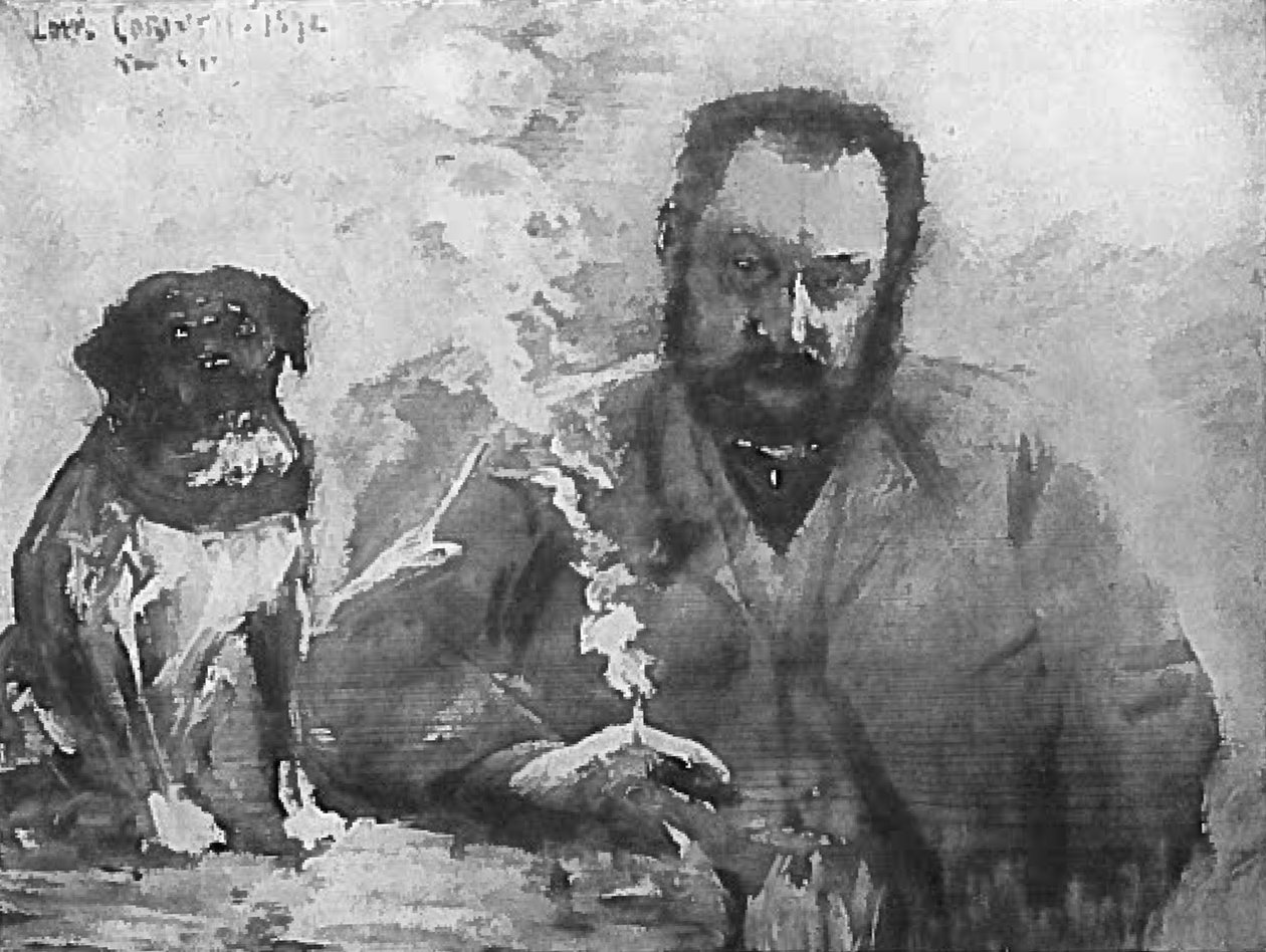 Herre ved bordet med hunde af Lovis Corinth