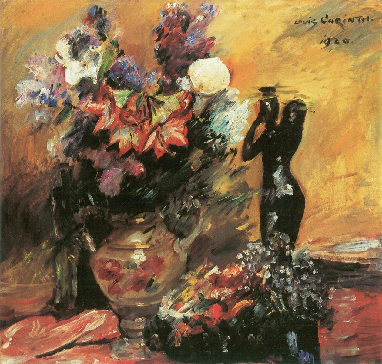 Calla og lilla med bronzefigur af Lovis Corinth