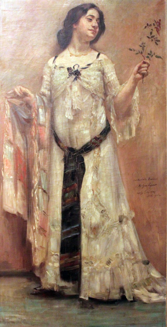 Portræt af Charlotte Berend i en hvid kjole af Lovis Corinth