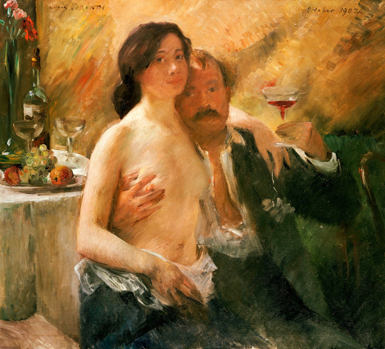 Selvportræt med nøgen kvinde og glas af Lovis  Corinth