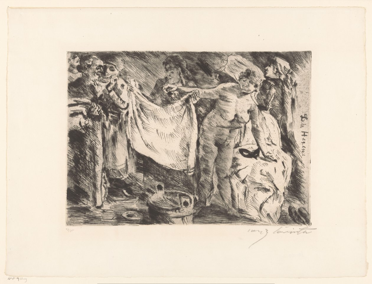 En gruppe kvinder, en nøgen og en anden holder et klæde op Die Hexen (titel på objekt) af Lovis Corinth (signed by artist)