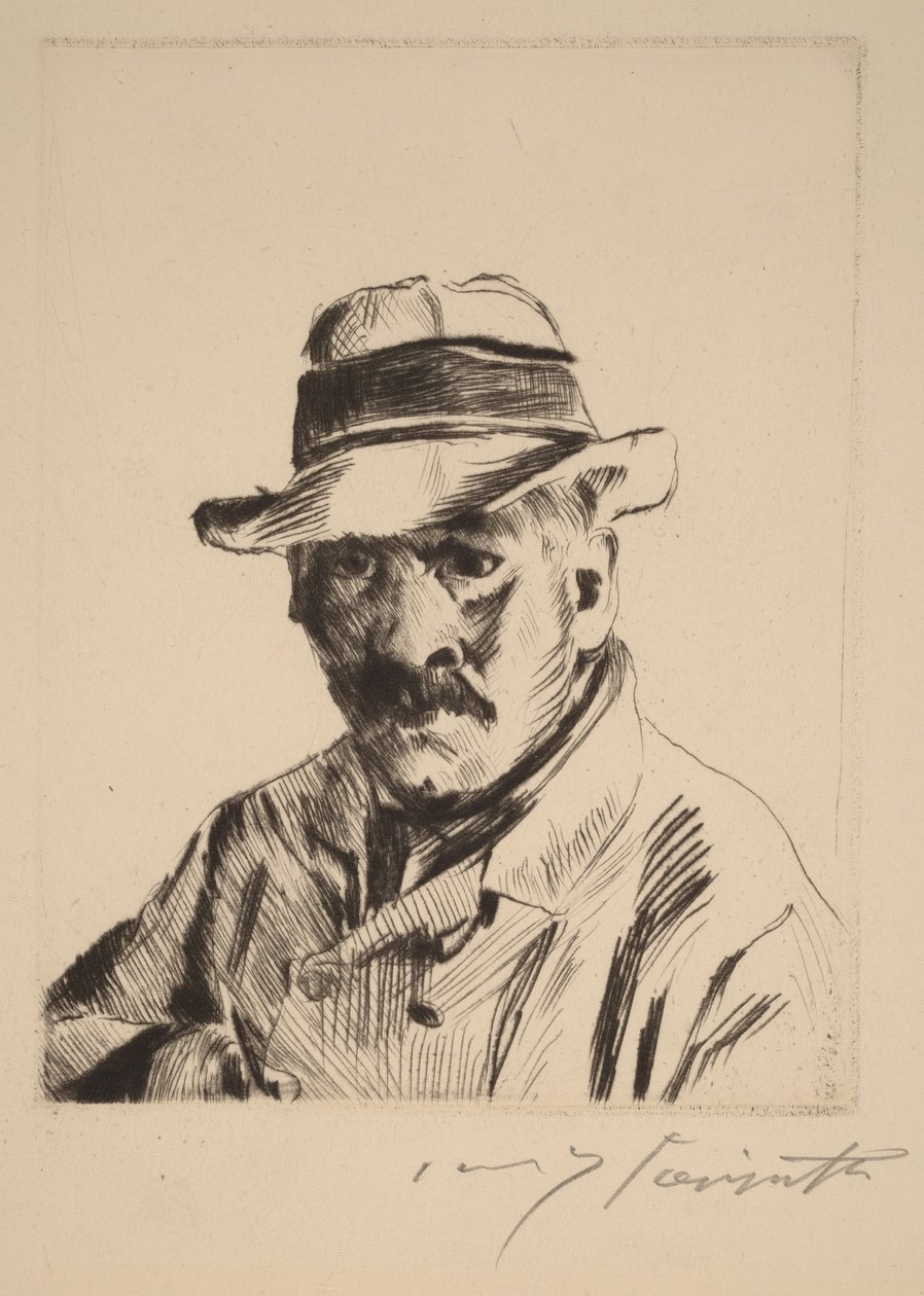 Selvportræt med stråhat, brystbillede af Lovis Corinth