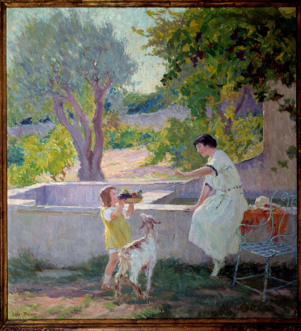 Madame Prat og hendes datter i haven med den lille ged Maleri af Joseph Loys Prat (1879-1934), 20. århundrede. Borgmester i Donzere. af Loys Prat