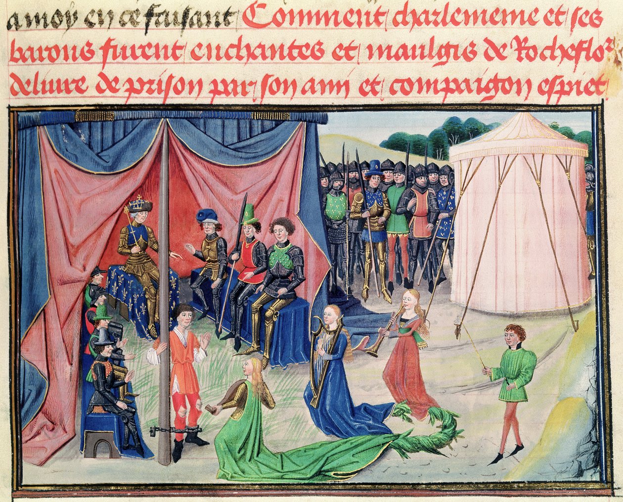 Ms 5072 f.233v Charlemagne og hans baroner bliver fortryllet, fra Renaud de Montauban-cyklussen af Loyset Liedet