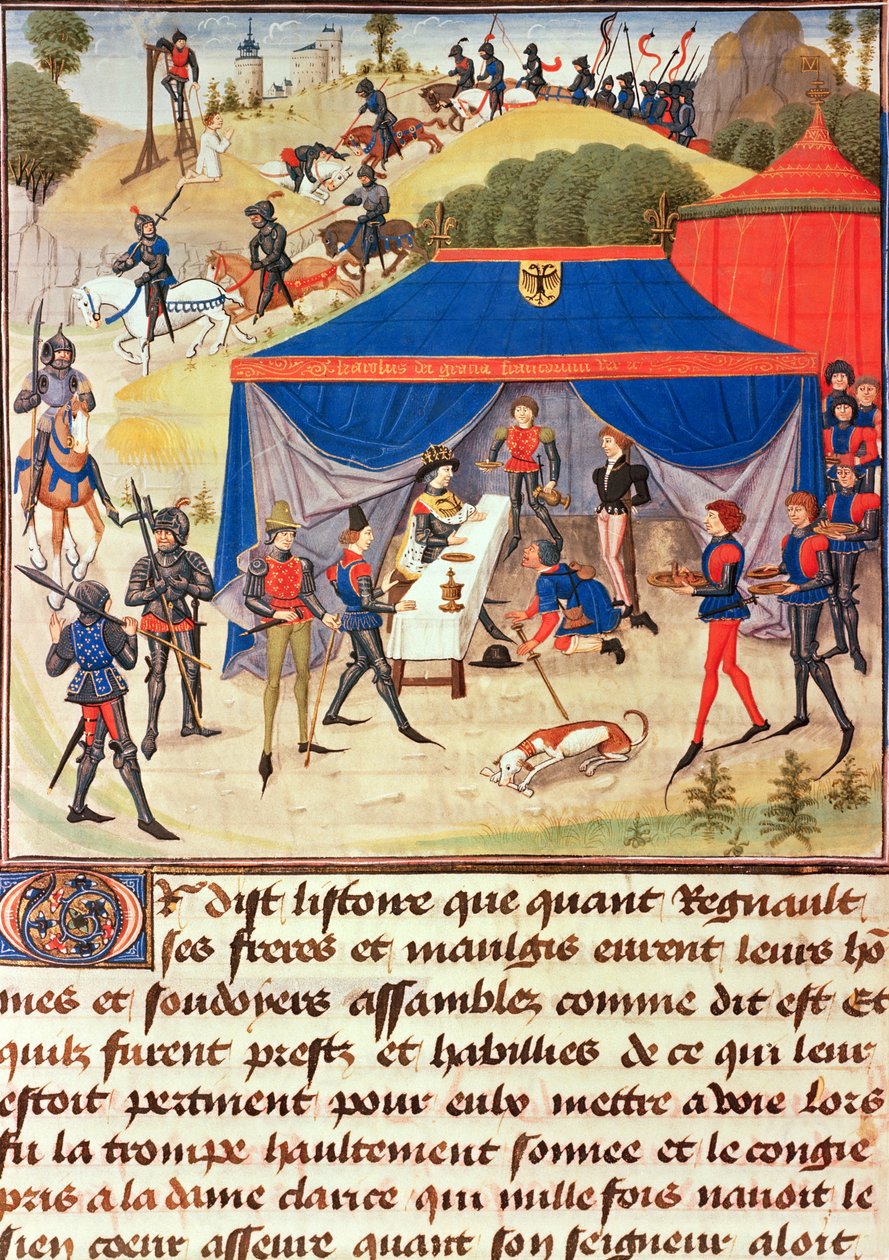 Ms 5073 fol. 253v Renaud de Montauban og Charlemagne (742-814), fra Renaud de Montauban-cyklussen af Loyset Liedet