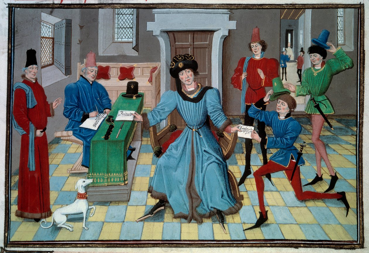 Ankomst af en miniaturebudbringer fra manuskriptet "Renaud de Montauban" eller "Les quatre fils Aymon" af Loyset Liedet (aktiv mellem 1448 og 1478). Fru 5073. Bibliotheque de l