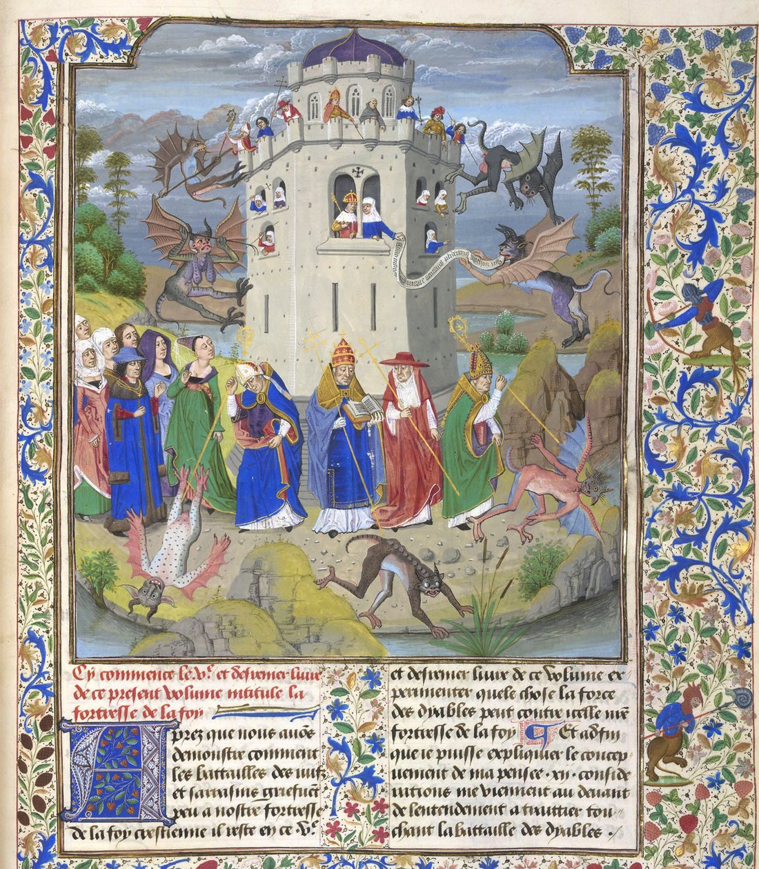 Troens fæstning Miniature af de hellige Gregory, Augustine, Jerome og Ambrose, der kæmper mod dæmoner, slutningen af det 15. af Loyset Liedet