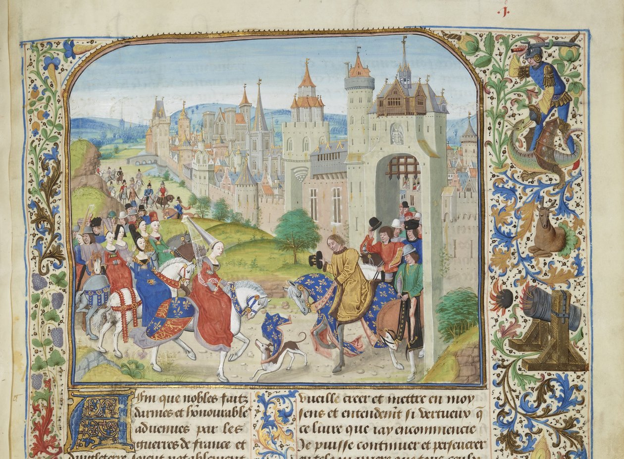 Isabella af Frankrig budt velkommen af sin bror Charles IV til Paris, ca 1470-1475. af Loyset Liedet
