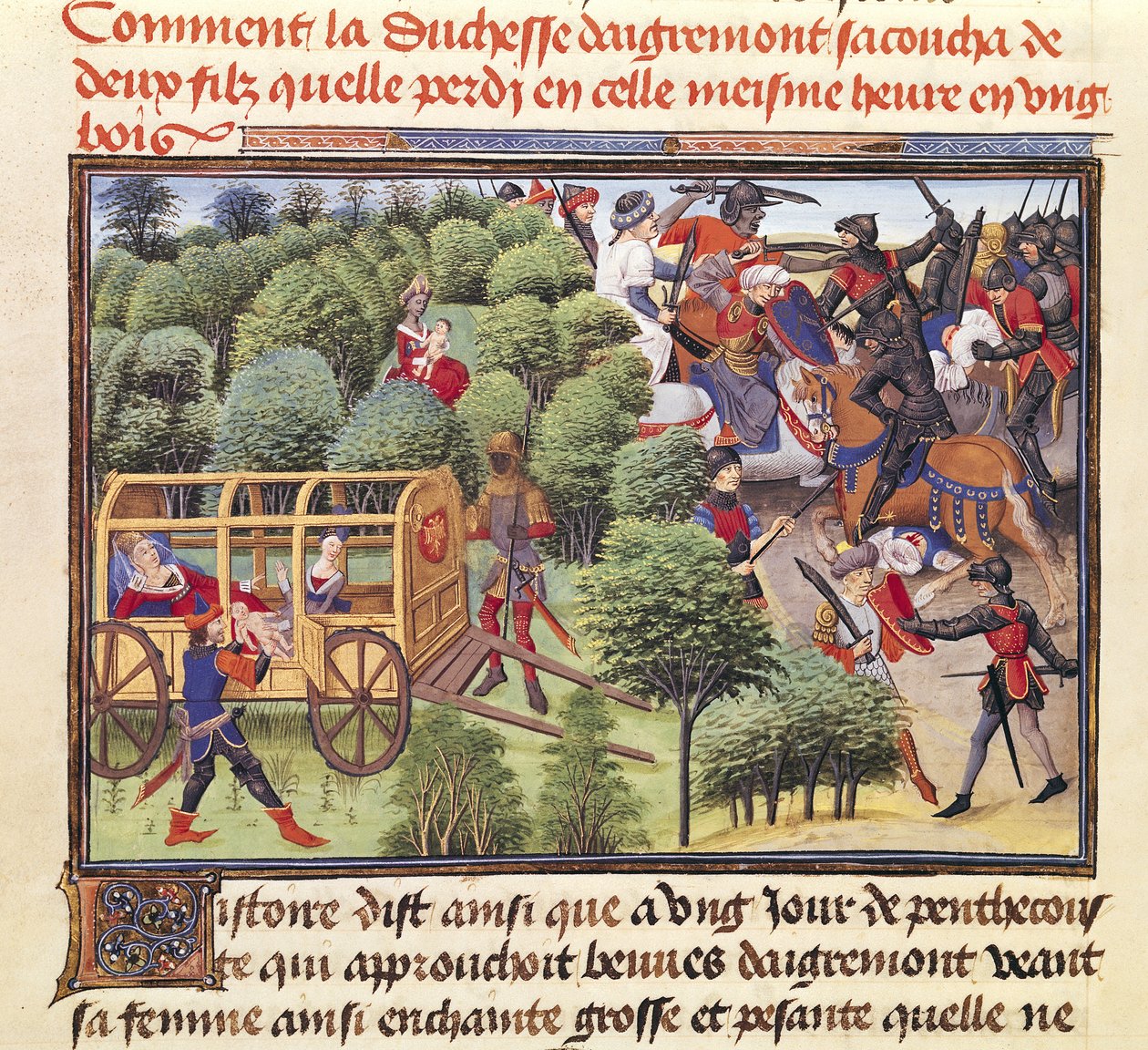 Ms 5072 f.6v Hvordan hertuginden af Aigremont fødte to sønner og mistede dem i samme time i en skov, fra Renaud de Montauban-cyklussen af Loyset Liedet