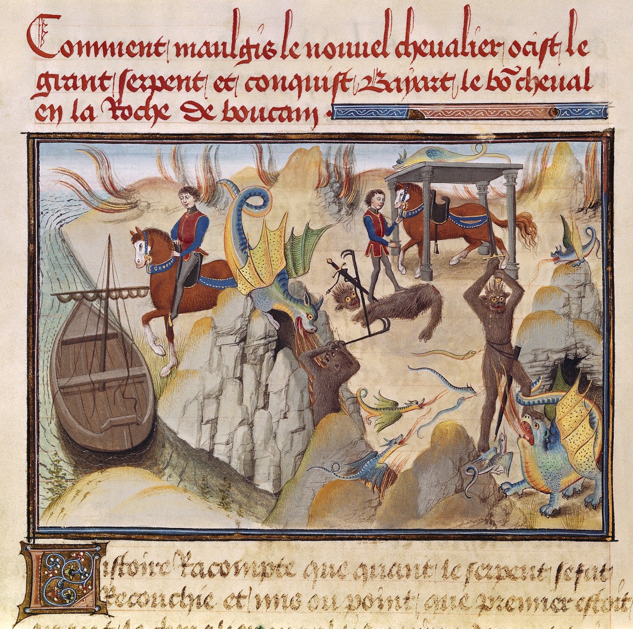 Ms 5072 fol.37v Maugis Fighting the Serpent and Gaining the Enchanted Horse, Bayard, fra Renaud de Montauban-cyklussen af Loyset Liedet