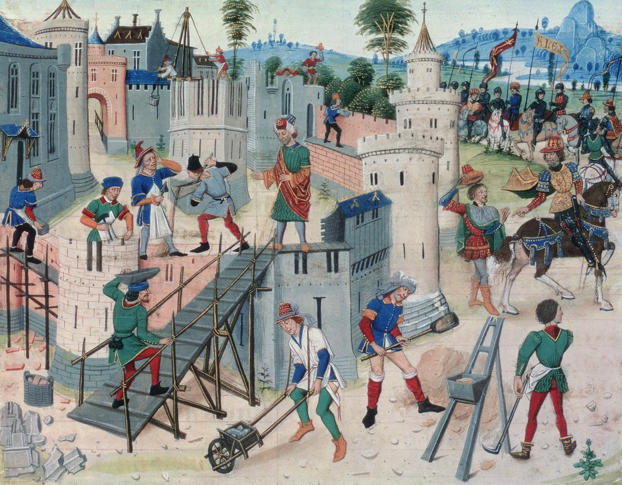 Opførelsen af et palads, fra en "Alexander den Stores historie af Loyset Liedet