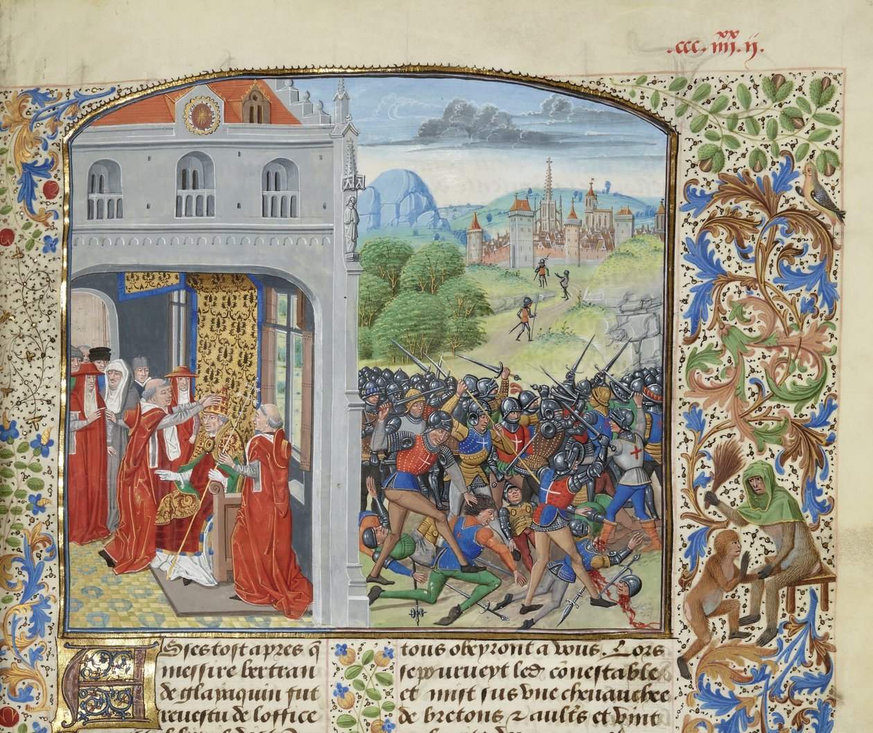 Kroningen af pave Gregor XI og slaget ved Pontvallain, 1370, ca 1470-1475. af Loyset Liedet