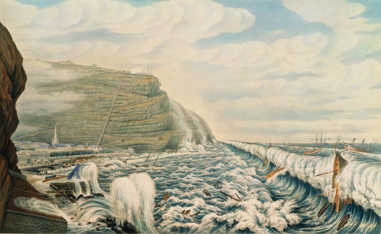 Udsigt over Jamestown og havnen, St. Helena, indgraveret af T. Picken, ca. 1846 (indgravering) af Lt. F.R. Stack