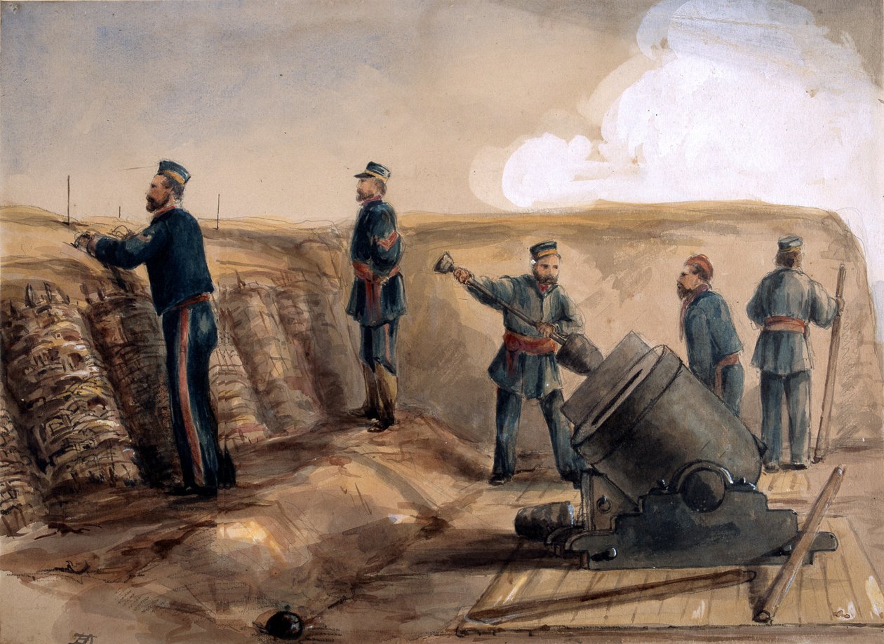 En 13-tommer morter af Royal Artillery i aktion, 1855 (wc over blyant på papir) af Lt. Henry James Alderson