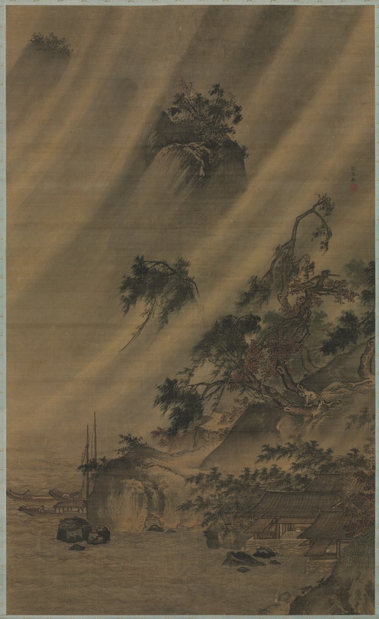 River Village i et regnvejr, ca. 1480-1507. af Lu Wenying