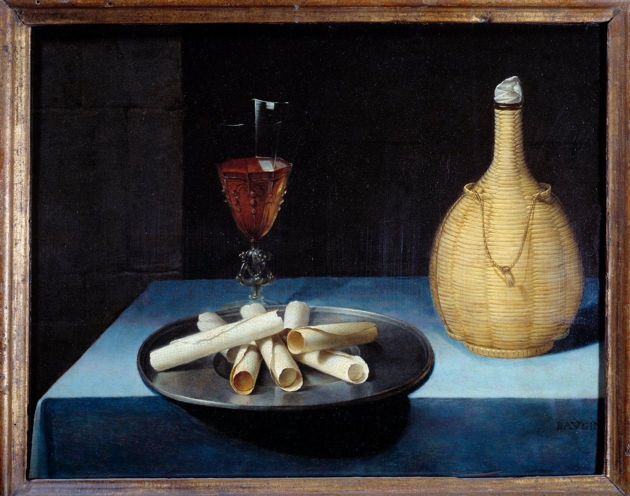 Stilleben-waferdessert af kiks, vinflaske og glas. Maleri af Lubin Baugin (1612-1663) 1600-tallet søn. 0,41x0,52 m . af Lubin Baugin
