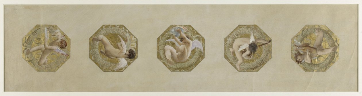 Skitse til Hôtel de Ville de Paris, Festive Staircase: Génies portant des attributs de fête, ca. 1888 (olie på papir) af Luc Oliver Merson