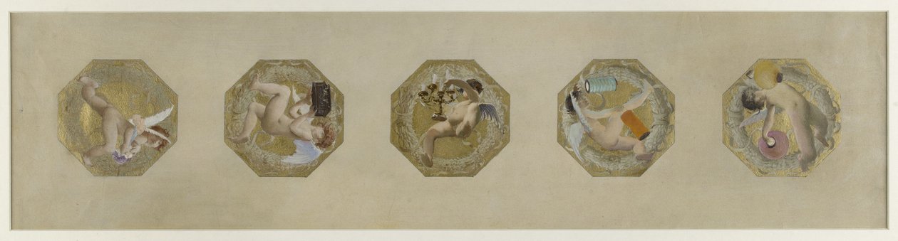 Skitse til Hôtel de Ville de Paris, Festive Staircase: Génies portant des attributs de fête, débuten 1888 (olie på papir) af Luc Oliver Merson