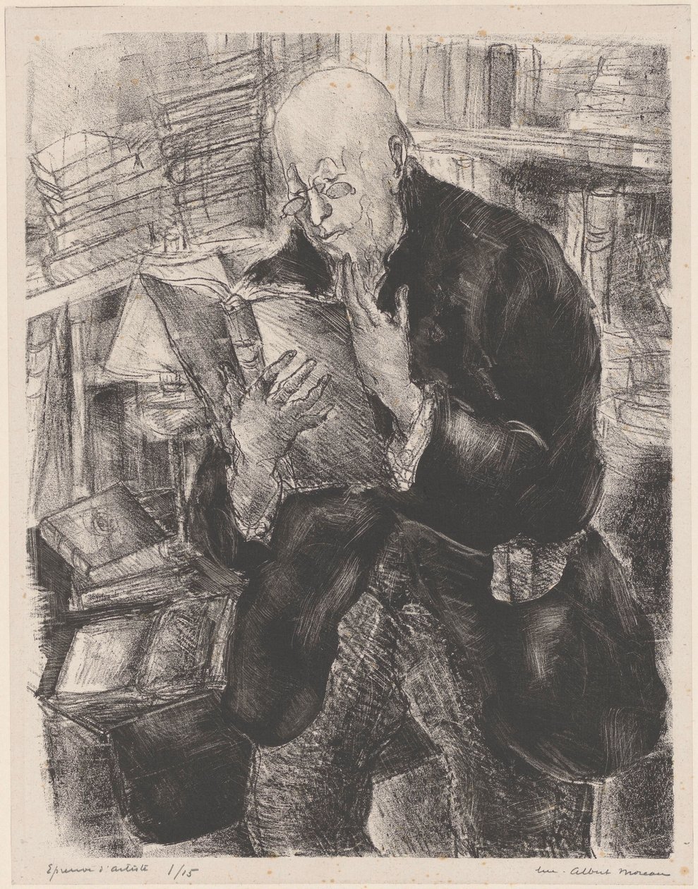 Mand læser i et bibliotek af Luc Albert Moreau (signed by artist)