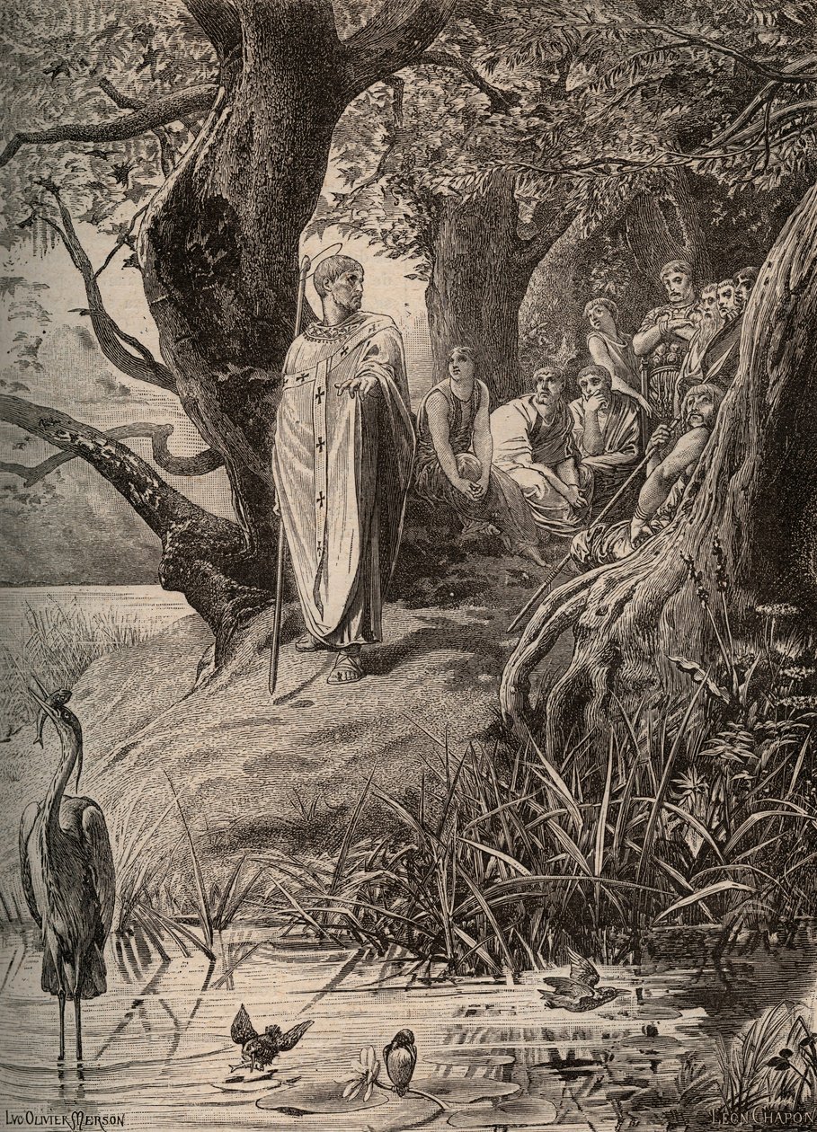 Fiskerfuglenes undskyldning, fortalt af Saint Martin til indbyggerne ved bredden af Loire - gravering af Luc Olivier Merson (1846-1920) af Luc Oliver Merson