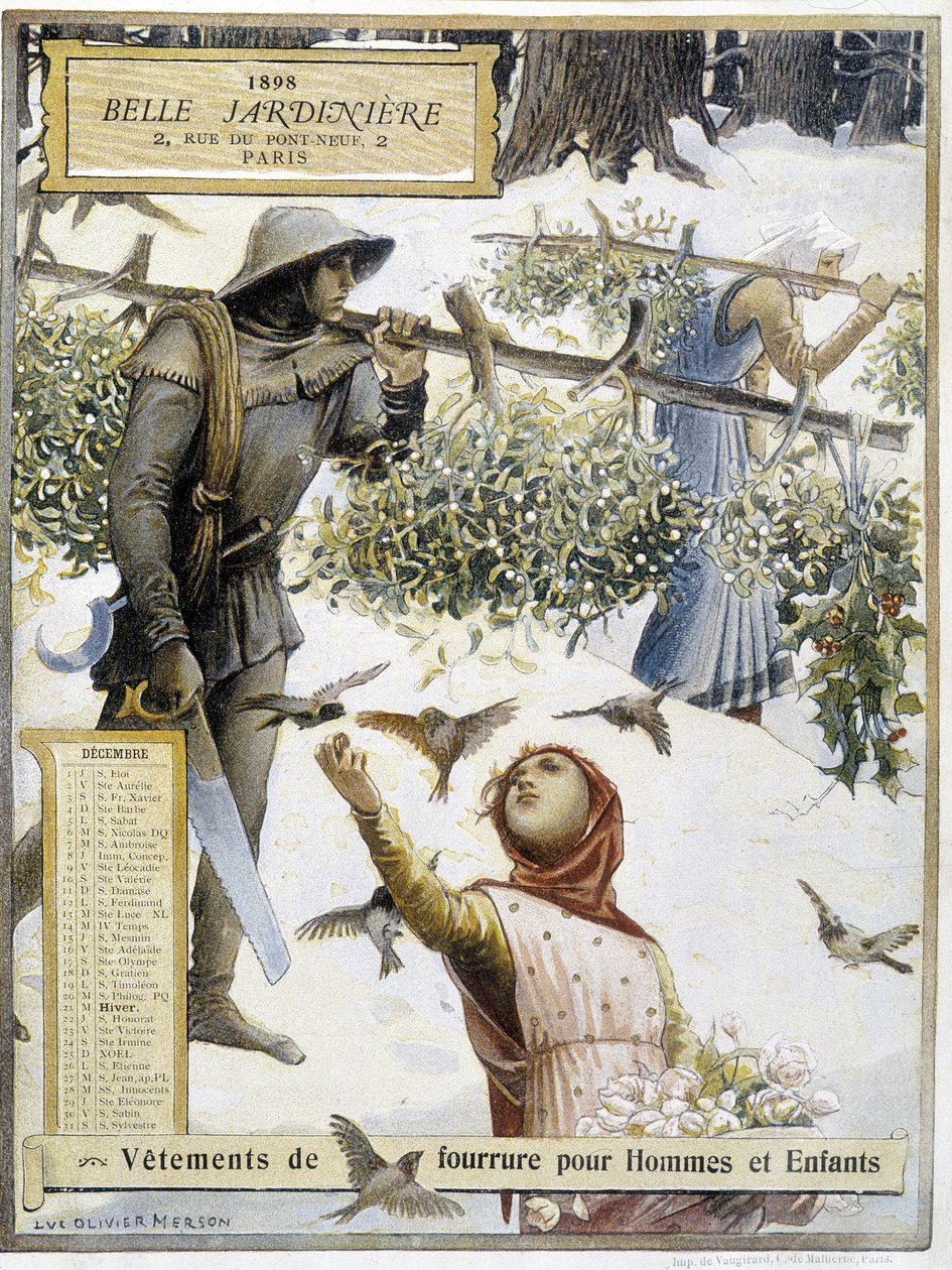 December: plukning af mistelten - af Luc-Olivier Merson i kalenderen for butikken "" La belle jardinière"" af Luc Oliver Merson