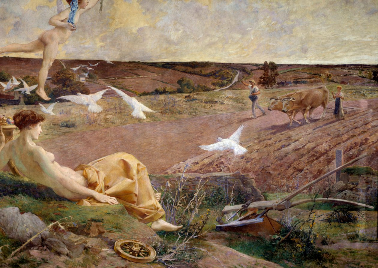 Fortune allegorisk repræsentation af overflod og frugtbarhed. En bonde pløjer sin mark i baggrunden. Detalje. Maleri maroufle på gips af Luc Olivier Merson (1846-1920) 1901 søn. 2,22x2,9 m Paris, musee d