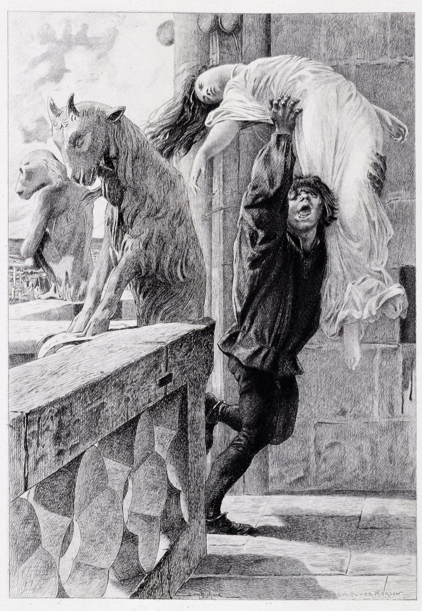 Quasimodo ableve Esmeralda - i "Notre Dame de Paris"" af Victor Hugo af Luc Olivier Merson, indgraveret af Gery Bichard, red. E. Testard, Paris af Luc Oliver Merson