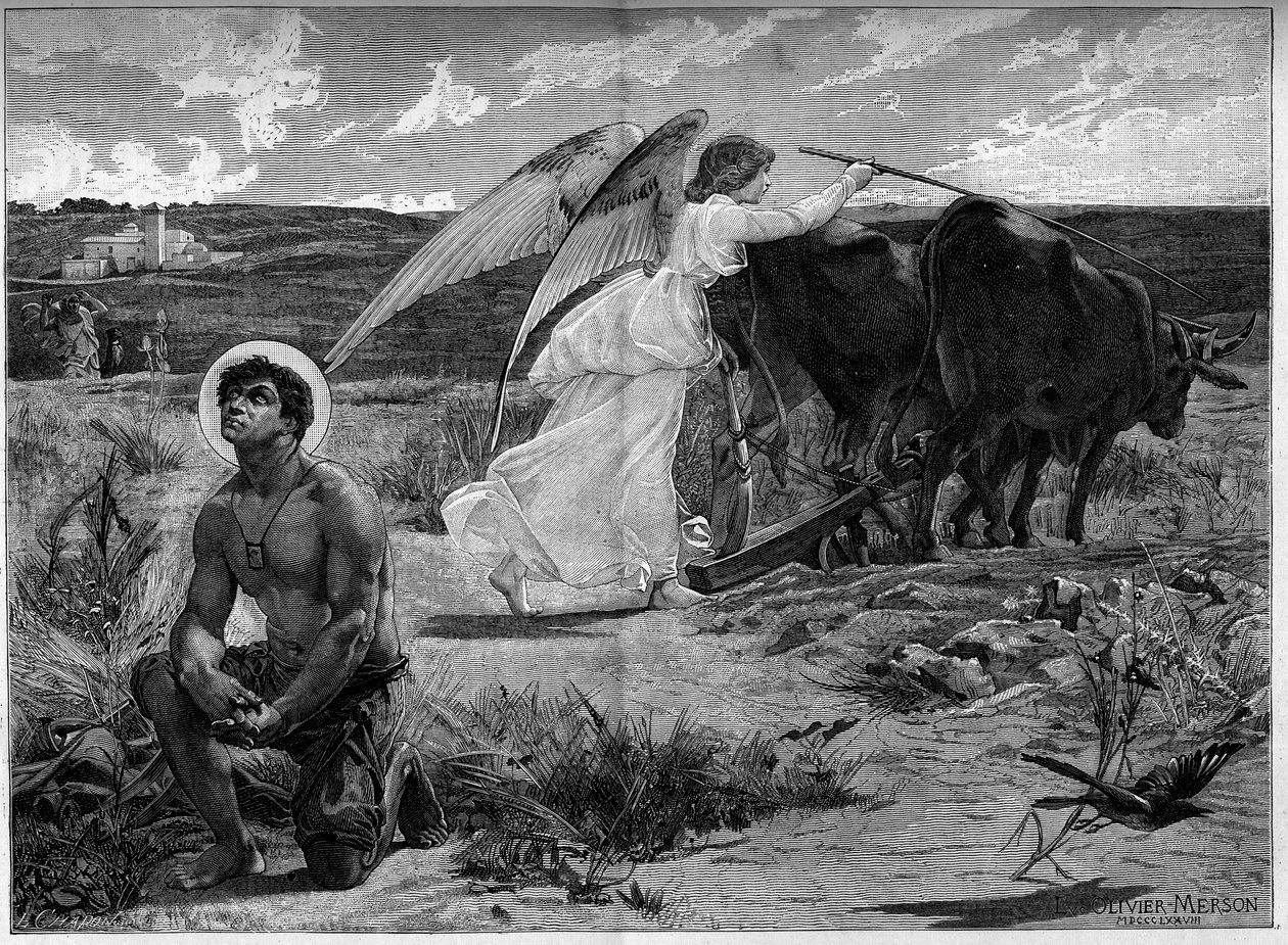Sankt Isidore, protektor for pløjerne. En engel hjælper Saint Isidore med at pløje en mark med en plov. 19. århundrede. Stik efter maleriet af Luc Olivier Merson (1846-1920). I "" The Illustrous World"" nr. 1294 af 21. januar af Luc Oliver Merson