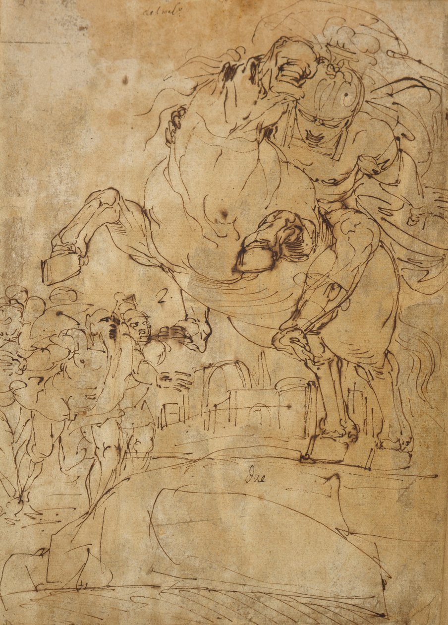 Marcus Curtius hopper ind i afgrunden, ca. 1574 (pen og brunt blæk på papir) af Luca Cambiaso