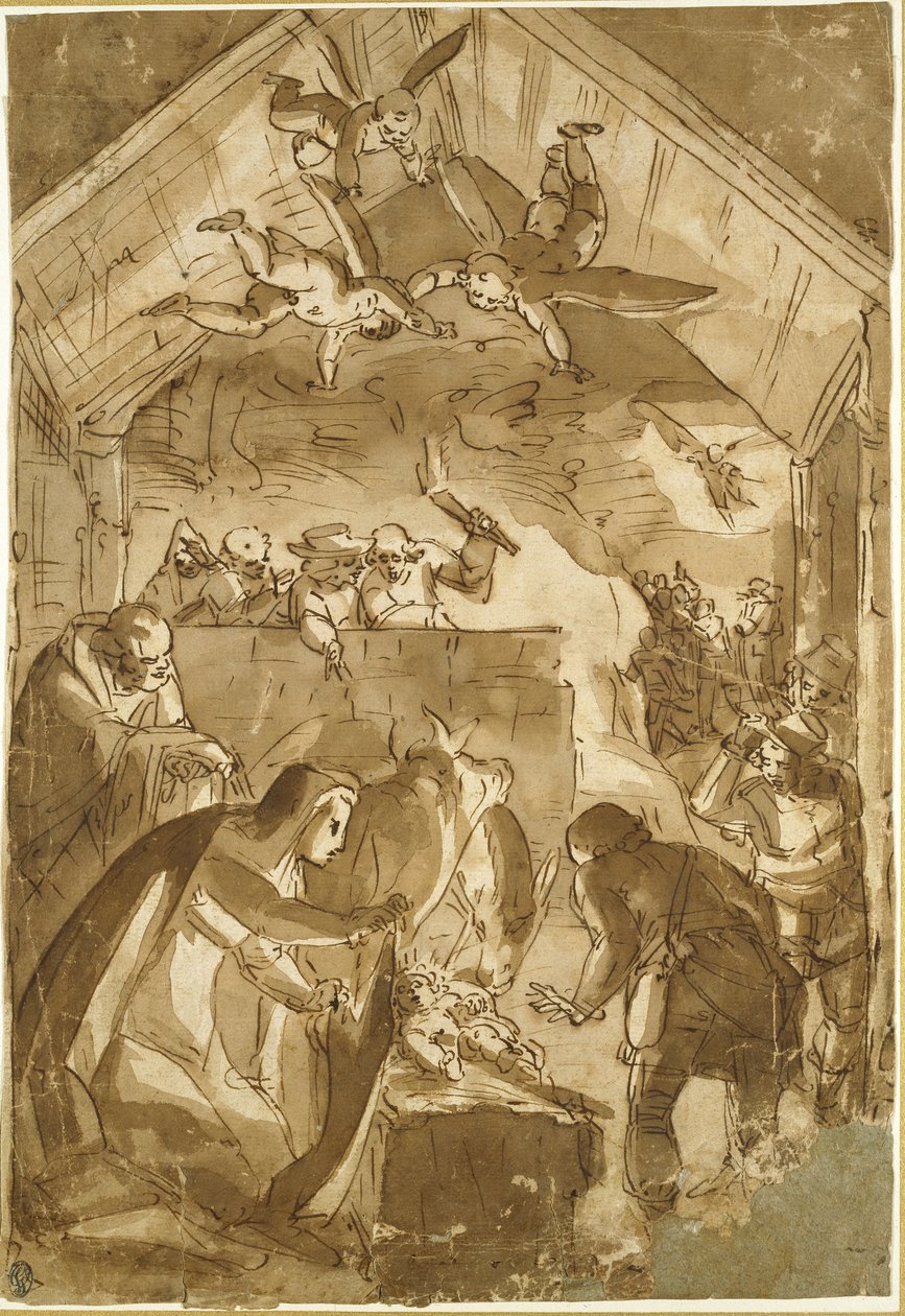 The Nativity (pen og brunt blæk med brun vask på råhvidt papir) af Luca Cambiaso