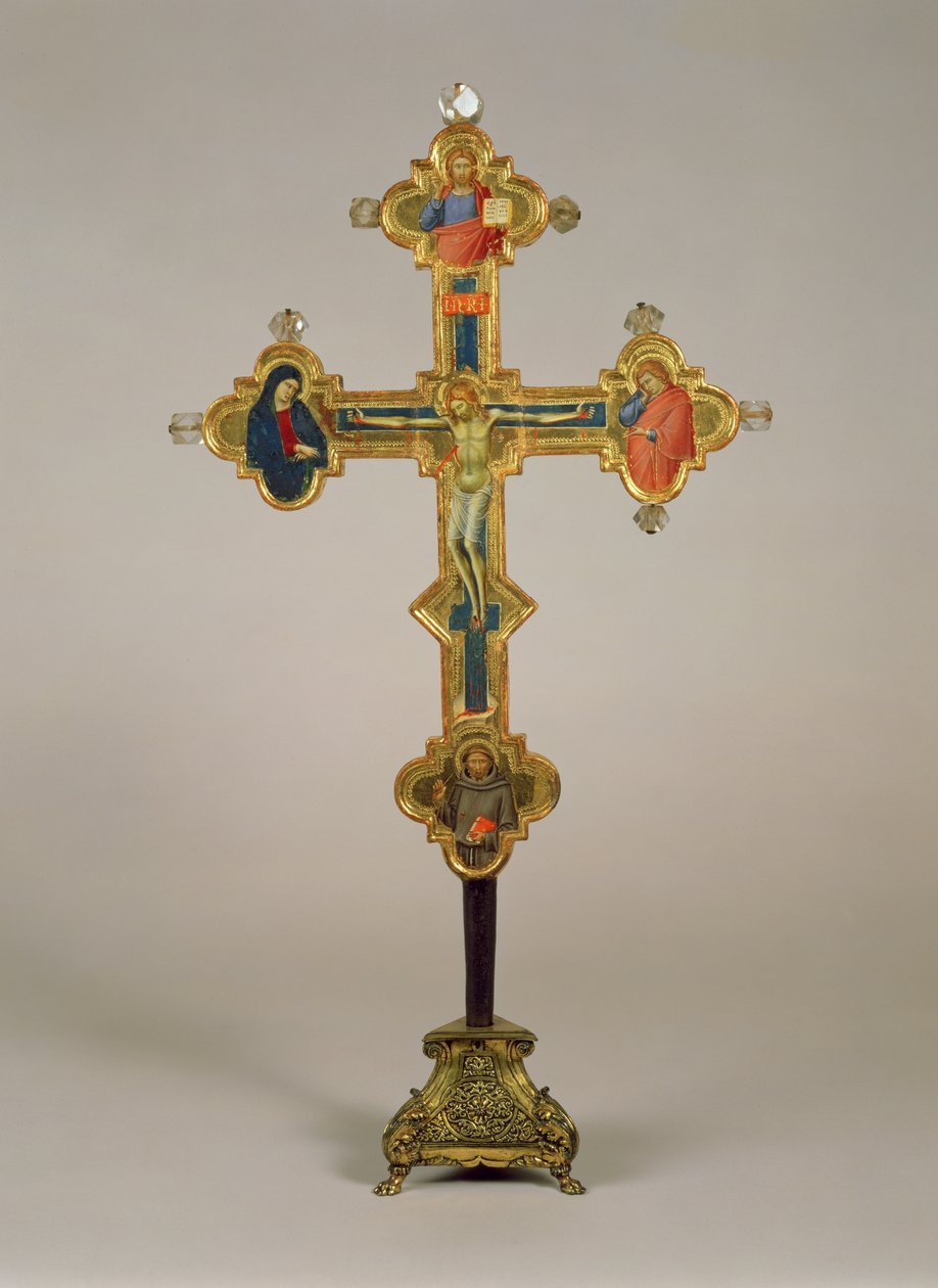 Bærbart kors, dekoreret med scener af Den korsfæstede Kristus med Jomfruen, Johannes Evangelisten og Sankt Frans (forside) (tempera, sølv og bladguld på træ med bjergkrystal) (til bagside) af Luca di Tommè