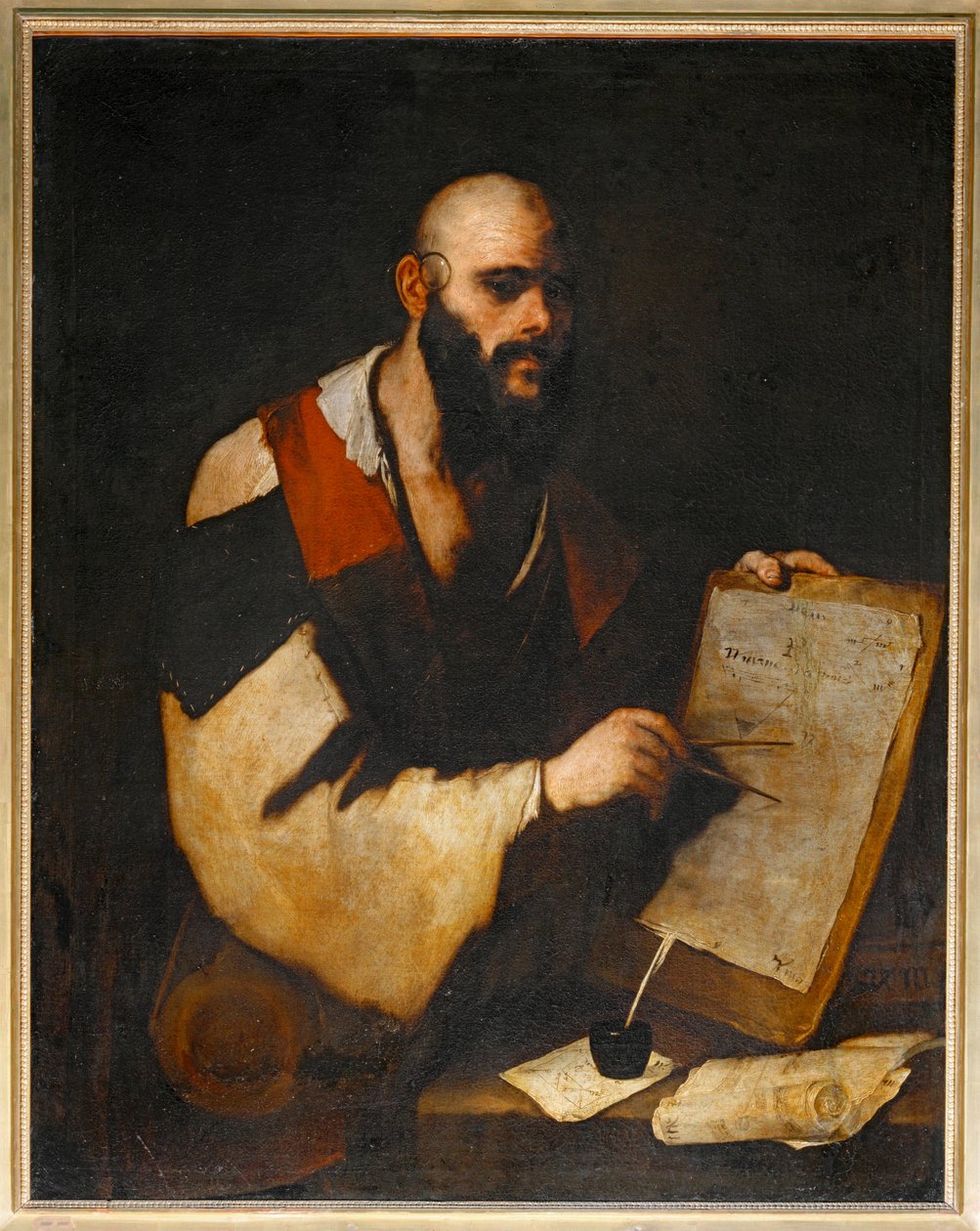 Philosophe tracant des figures geometriques avec un compas - En filosof, der tegner geometriske figurer med en ... af Luca (circle of) Giordano