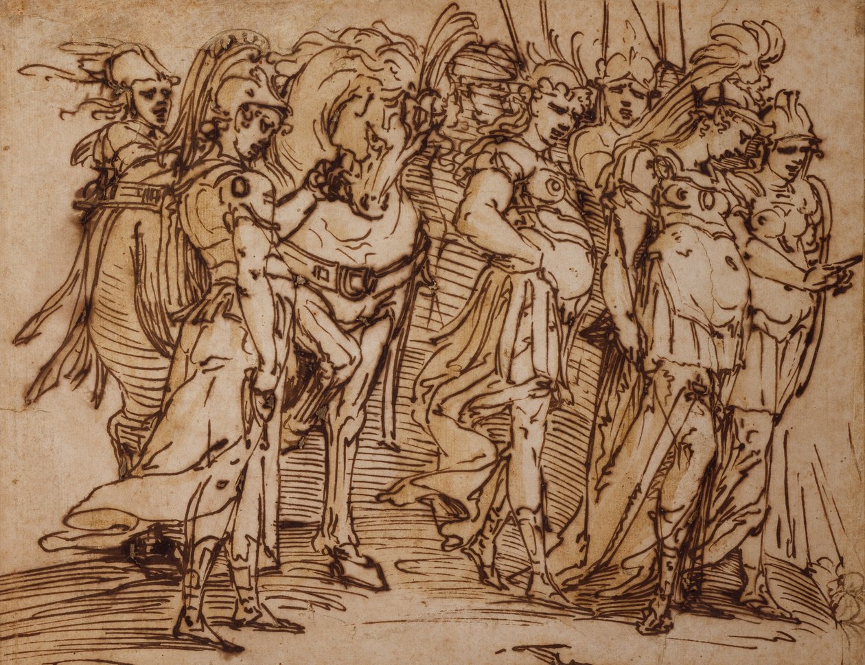 Amazoner med en hest i procession til højre (pen og blæk) af Luca Cambiaso
