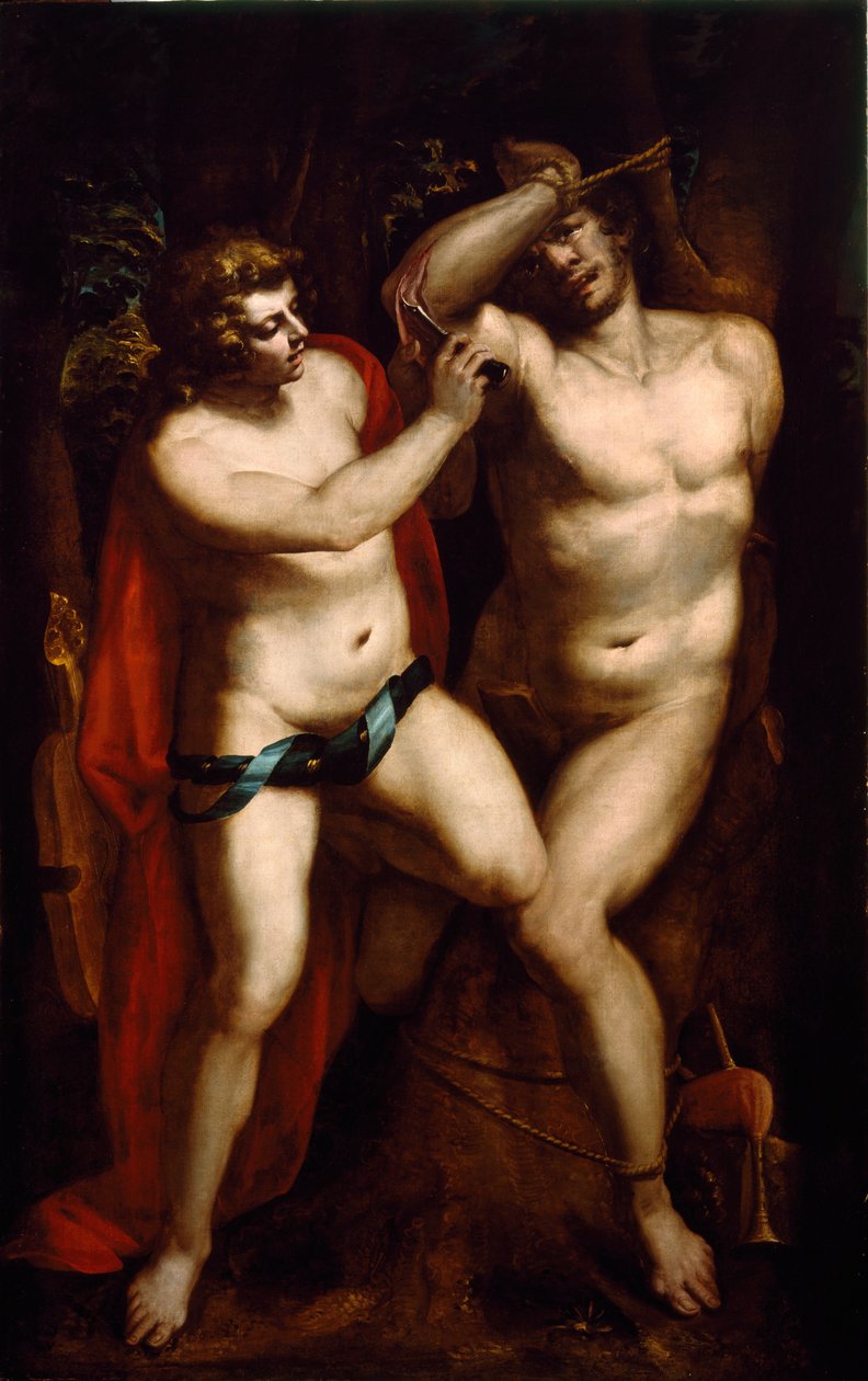 Apollo og Marsyas Satyren straffes for at have trodset Apollon til lyren og er spærret af den. Maleri af Luca Change (eller Change, Change) ved Lucchetto i Genova (1527-1585) 1500-tallets privatsamling af Luca Cambiaso