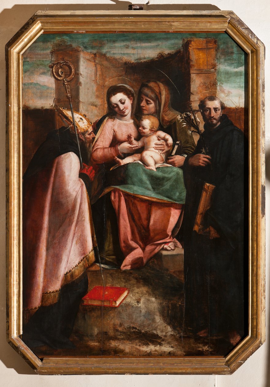 Genova, Duomo (St. Lawrence Cathedral), indeni, Baptistery (tidligere Church of St John the Old): "Madonna og barn blandt St Anne, St Nicholas of Bari og St Nicholas of Tolentino", af Luca Cambiaso af Luca Cambiaso