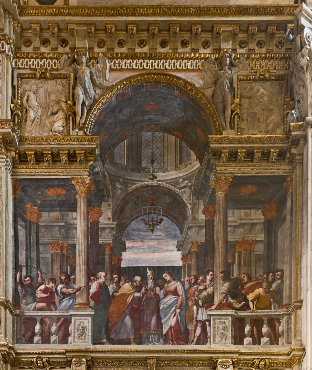 Genova, Duomo (St. Lawrence Cathedral), indvendigt, Lercari-kapellet eller Det Hellige Sakraments kapel (nordlige apsis), sydlige side: "Jomfruens trolovelse", fresko af Luca Cambiaso af Luca Cambiaso