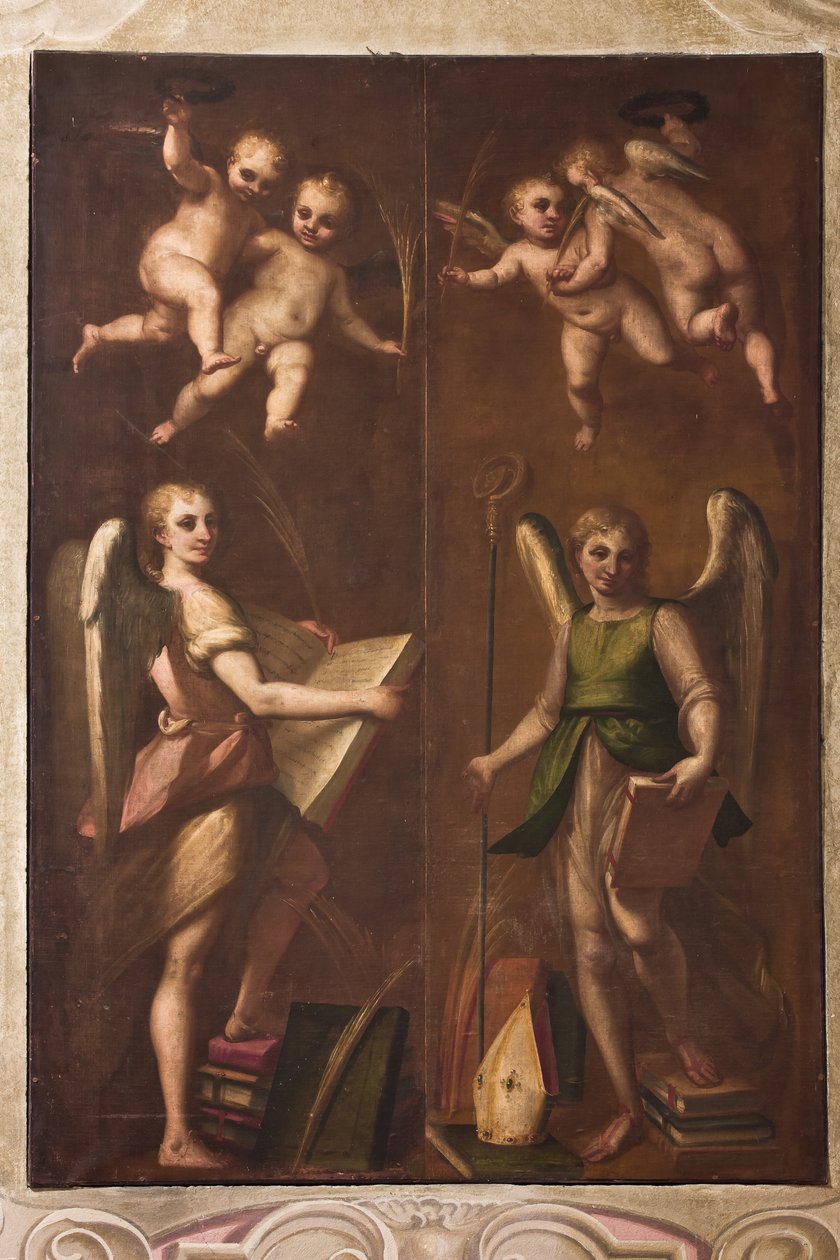 Genova, Duomo (St. Lawrence Cathedral), sakristi, kapel: "Engle med biskoppelige insignier, bøger og palmegrene", af Luca Cambiaso, omkring 1580 af Luca Cambiaso
