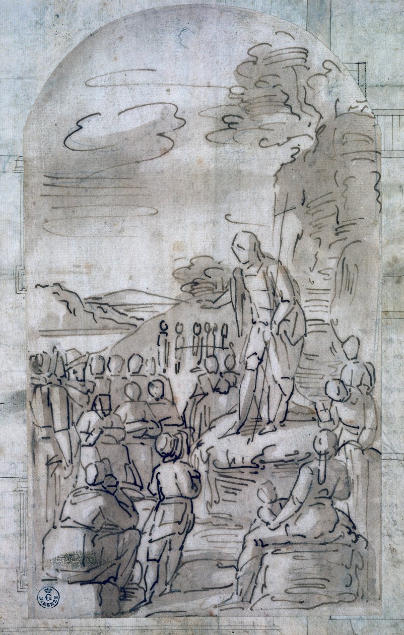 Johannes Døberens prædiken, af Luca Cambiaso (1527-1585), Tegning med pen og gouache, Italien af Luca Cambiaso