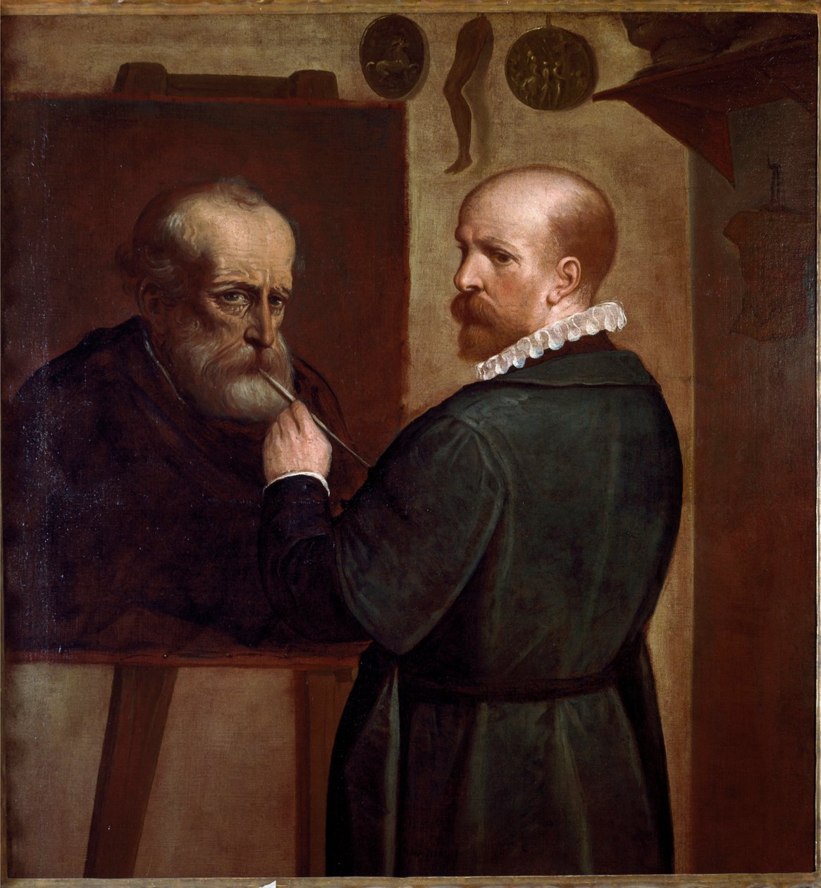 Selvportræt af kunstneren, der laver portrættet af sin far Maleri af Luca Cambiaso (1527-1585) 1570 ca. Sol. 104x97 cm Gener, Musei di Strada Nuova af Luca Cambiaso