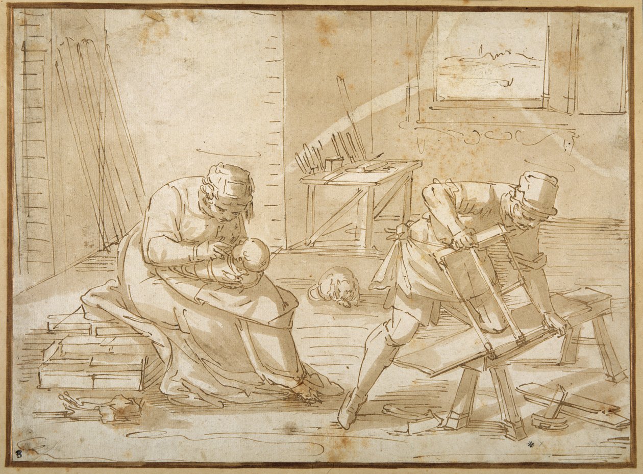 Studie af den hellige familie i snedkerens værksted (pen og brun blæk med brun vask på papir) af Luca Cambiaso