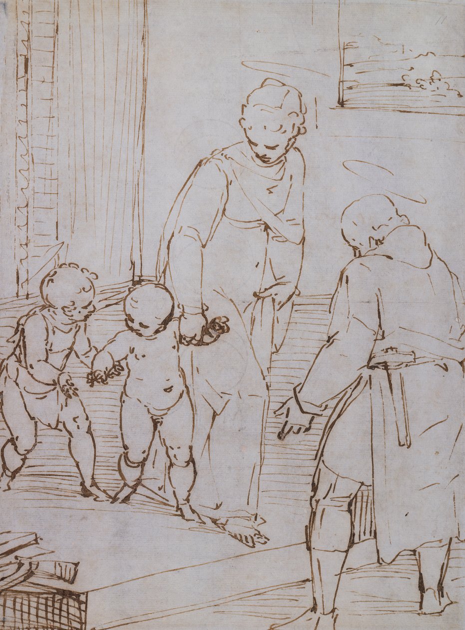 Den unge Jesu første skridt (pensel og brunt blæk på papir) af Luca Cambiaso